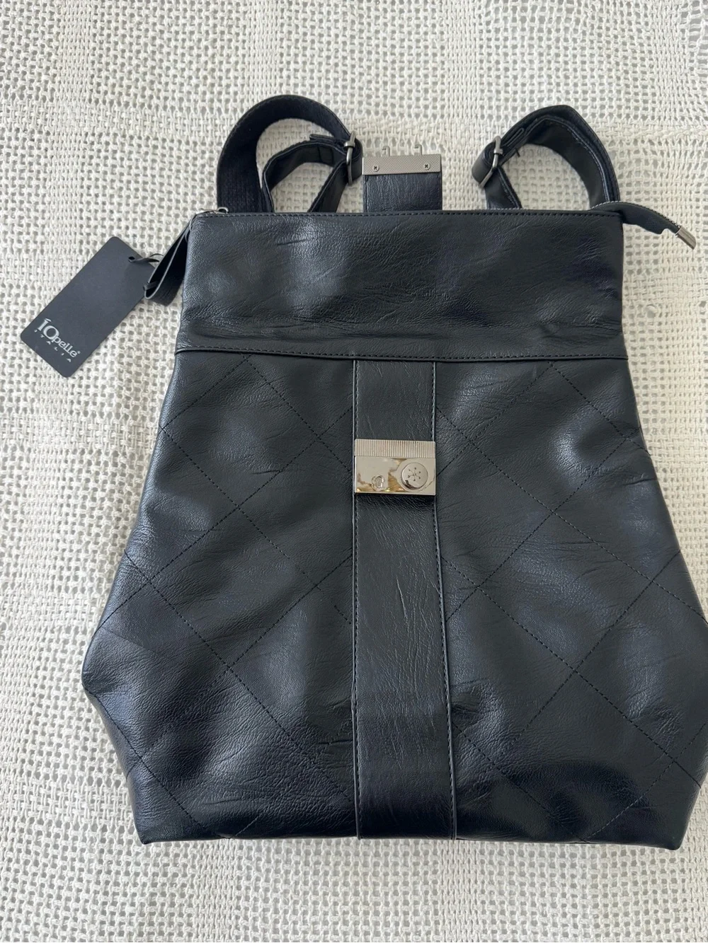 Quilted Black Leather-Effect Backpack with Front Clasp